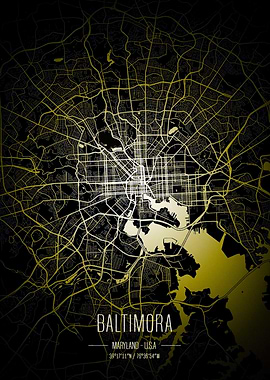 Baltimore City Map - Gold on Black