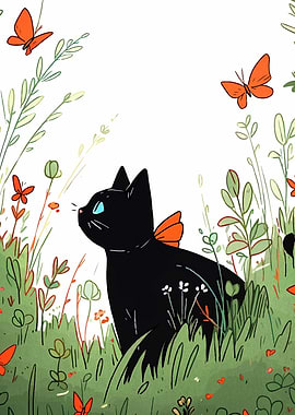 Black Cat and Butterflies Illustration