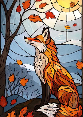 Fox in Autumn Stained Glass Style