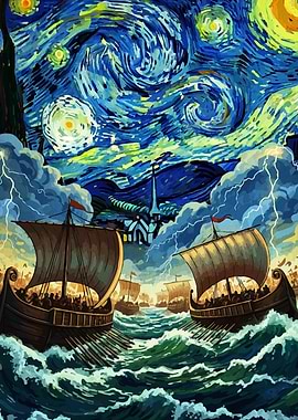 Viking Fleet Starry Night Painting