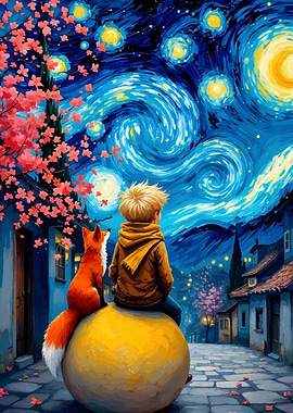 Boy and Fox Under Starry Night