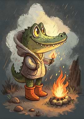 Cartoon Alligator Camping in the Rain