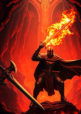 Warrior Flaming Sword Red Landscape