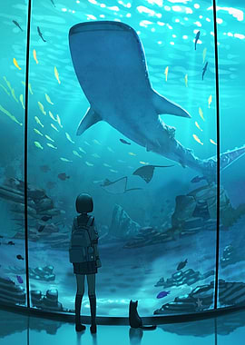 Aquarium Gaze: Girl, Cat, Whale Shark