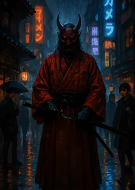 Japanese Demon in Rainy Cityscape