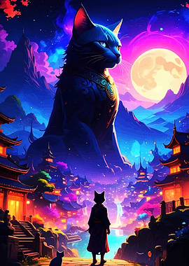 Giant Cat Overlooking Japanese Cityscape