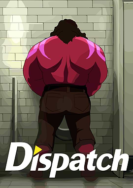 Muscular man in bathroom, Dispatch logo