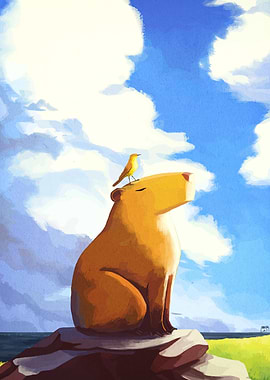 Capybara and Bird on Rock