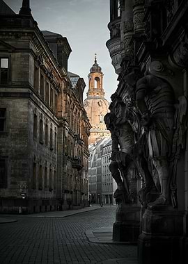 Dresden street view with Frauenkirche dome