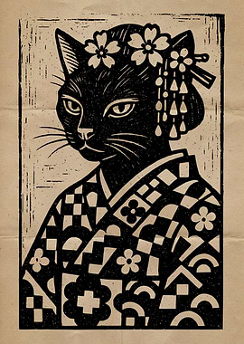 Cat Geisha Woodcut Print Art