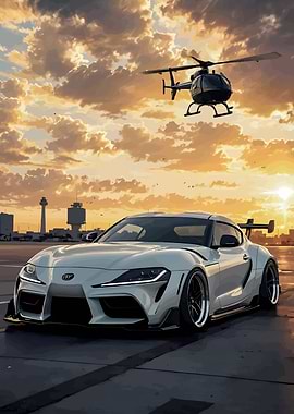 White Supra with Helicopter at Sunset