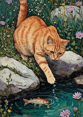 Cat and Fish in Pond