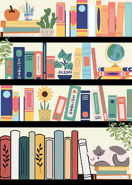 Colorful Bookshelves with Plants and Cat