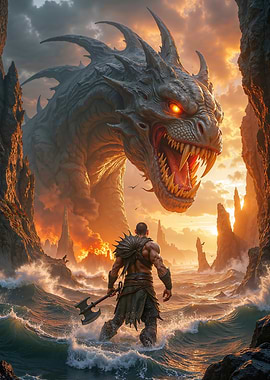 Warrior facing a colossal dragon