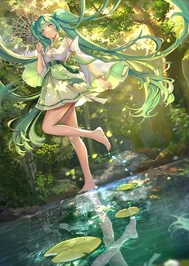 Anime Girl in Forest by Water