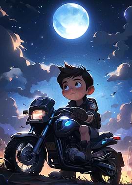 Boy Motorcycle Moonlight