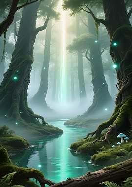 Enchanted Forest Stream with Light Beam