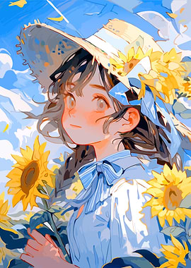 Anime Girl with Sunflowers and Hat