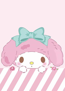 My Melody Peeking Over Striped Barrier