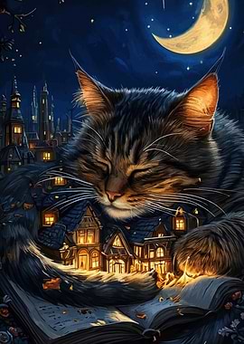 Giant Cat Sleeping on a Town