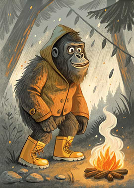 Cartoon Gorilla Camping in the Rain