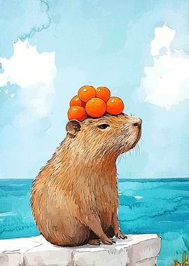 Capybara with Oranges Watercolor