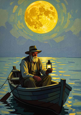 Man in Boat Under Full Moon