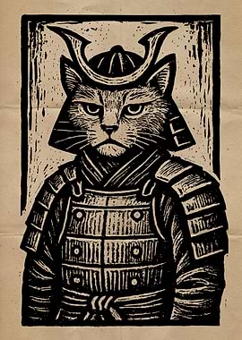 Samurai Cat Woodcut Funny Art