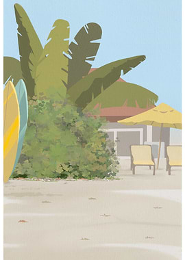 Tropical Beach Scene with Surfboards