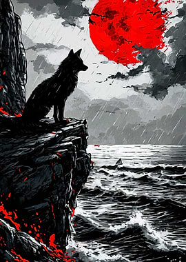 Black Wolf on Cliff Under Red Moon