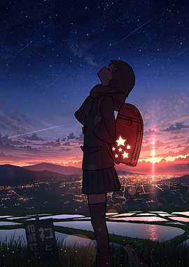 Anime Girl Gazing at Starry Sky