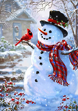 Snowman and Cardinal Winter Scene