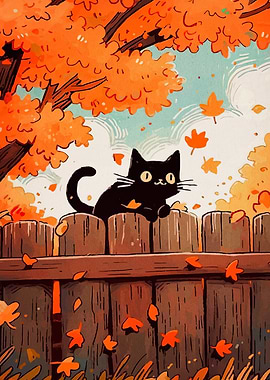 Black cat on fence in autumn