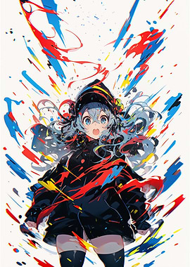 Anime Girl with Colorful Paint Splatters