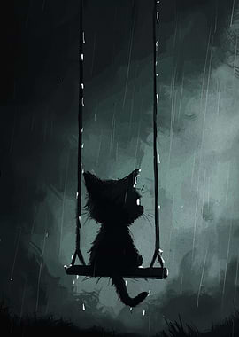 Lonely Cat on Swing in Rain