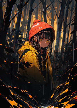 Anime Girl in Forest with Yellow Jacket