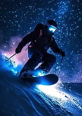 Snowboarder starry night sky