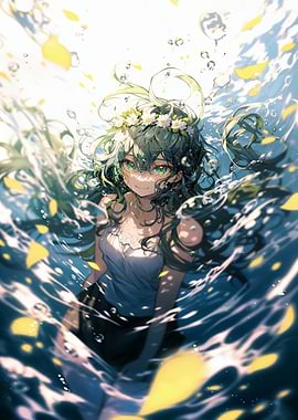 Anime Girl with Flower Crown in Water