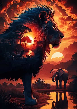 Lion and Elephant Sunset Landscape Art