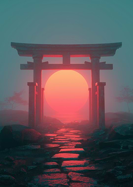 Retro Torii Gate Sunset