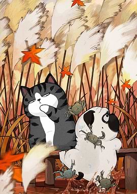 Cat, Dog, and Crabs in Autumn