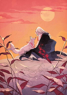 Woman and Fox under Sunset