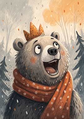 Cartoon Bear with Crown and Scarf
