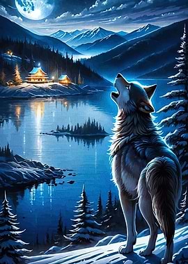 Wolf Howling at Moonlit Lake