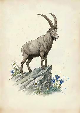 Alpine Ibex & Edelweiss Botanical Illustration — Watercolor Mountain Wildlife Art