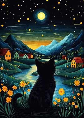 Black Cat Gazing at Moonlit Landscape