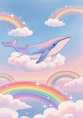 Pastel Whale in Rainbow Sky
