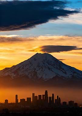 Cityscape and Mountain at Sunset