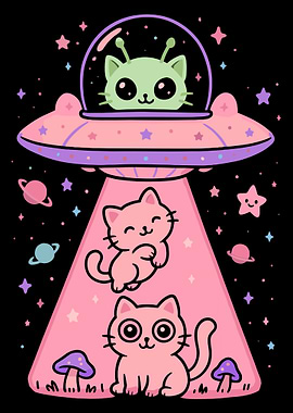 Alien Cat UFO Abduction Illustration
