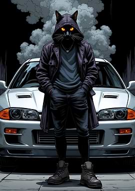 Street Racing Black Cat with a Skyline R34